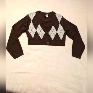- Divided by H&M, Cropped Argyle Cardigan. Button down. Size XS. Brown…